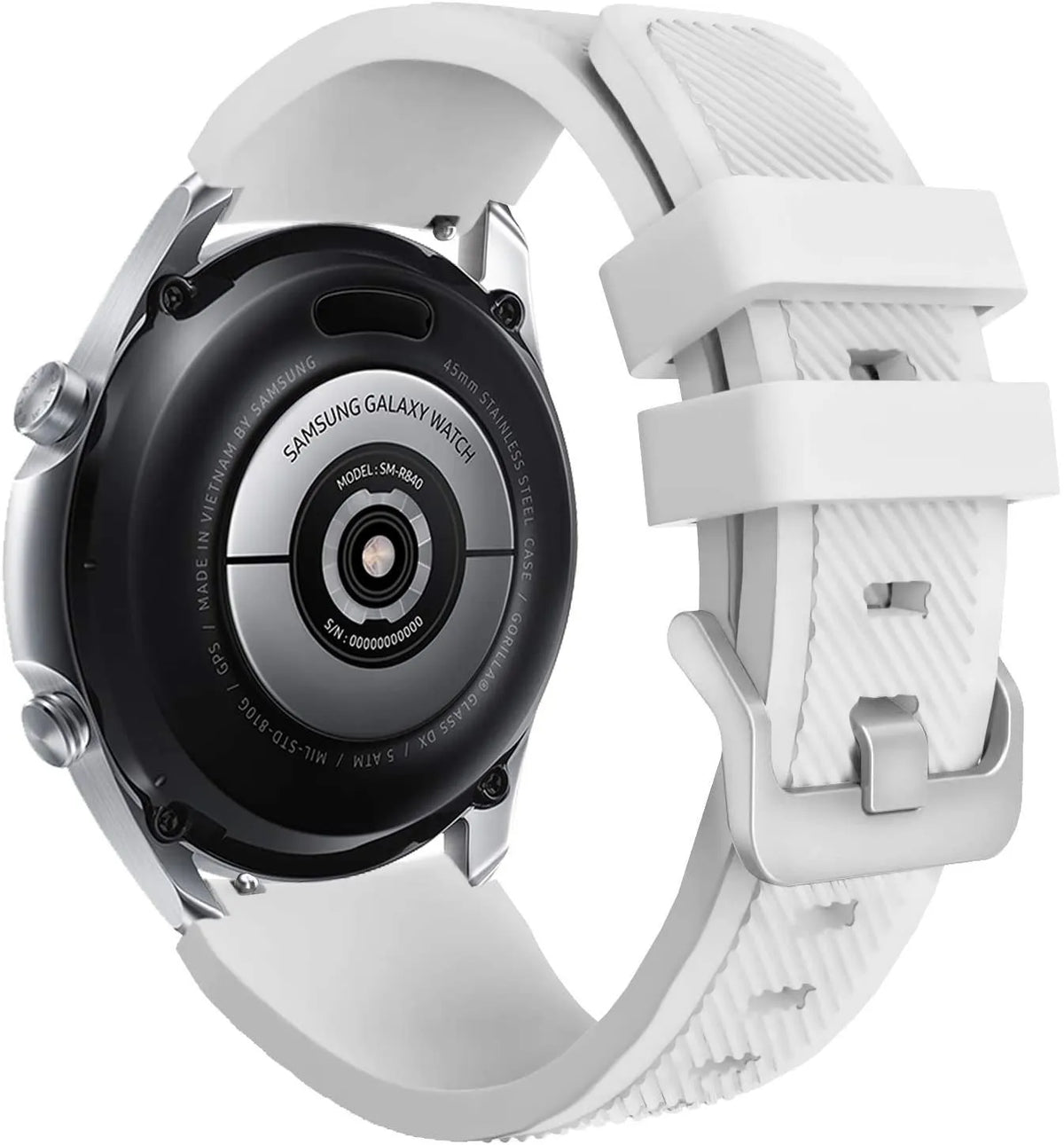 Twill Silicone Strap, white, on a watch, 3/4 rear view