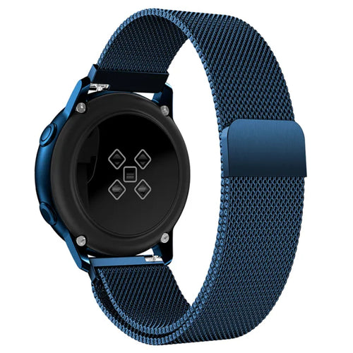 Milanese Strap, blue, on a watch, 3/4 rear view