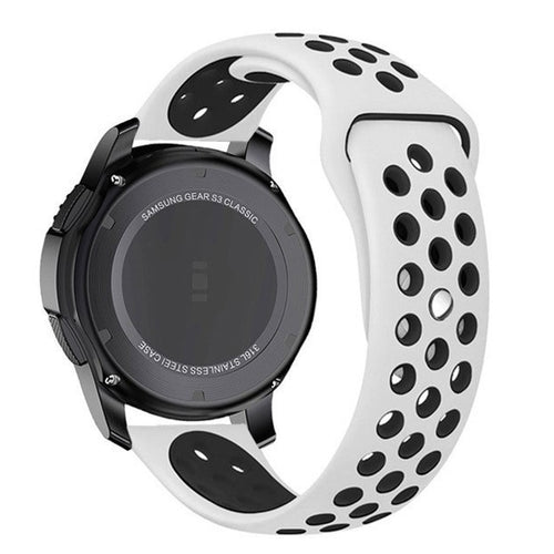 Silicone Sport Strap, white/black, on a watch, 3/4 rear view