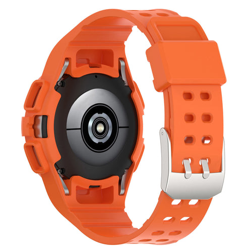 Silicone Strap with Frame, orange, on a watch, 3/4 rear view