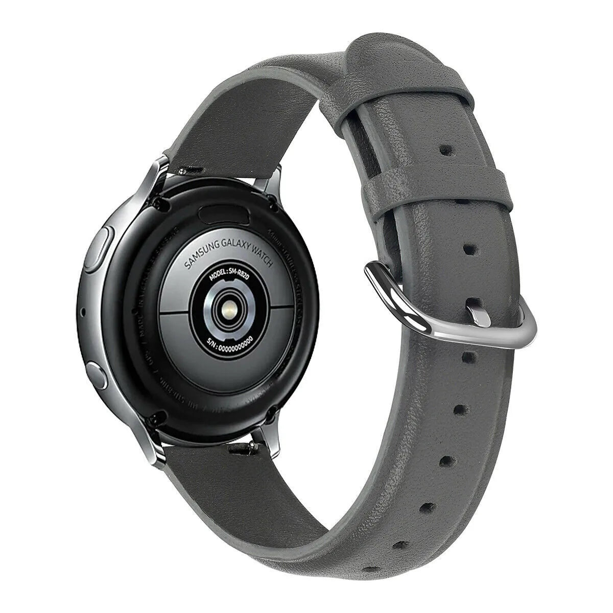 Leather Strap, dark grey, on a watch, 3/4 rear view