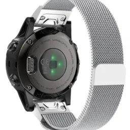 Milanese Strap, silver, on a watch, 3/4 rear view