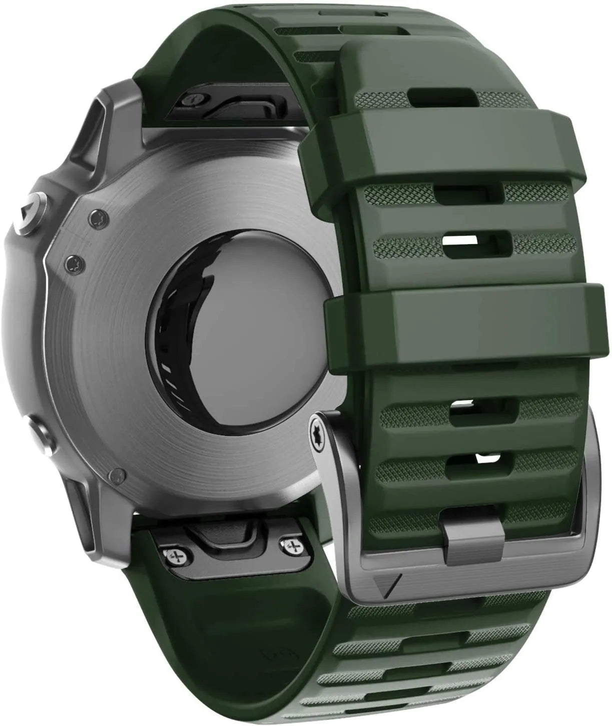 Silicone Strap, dark green, on a watch, 3/4 rear view