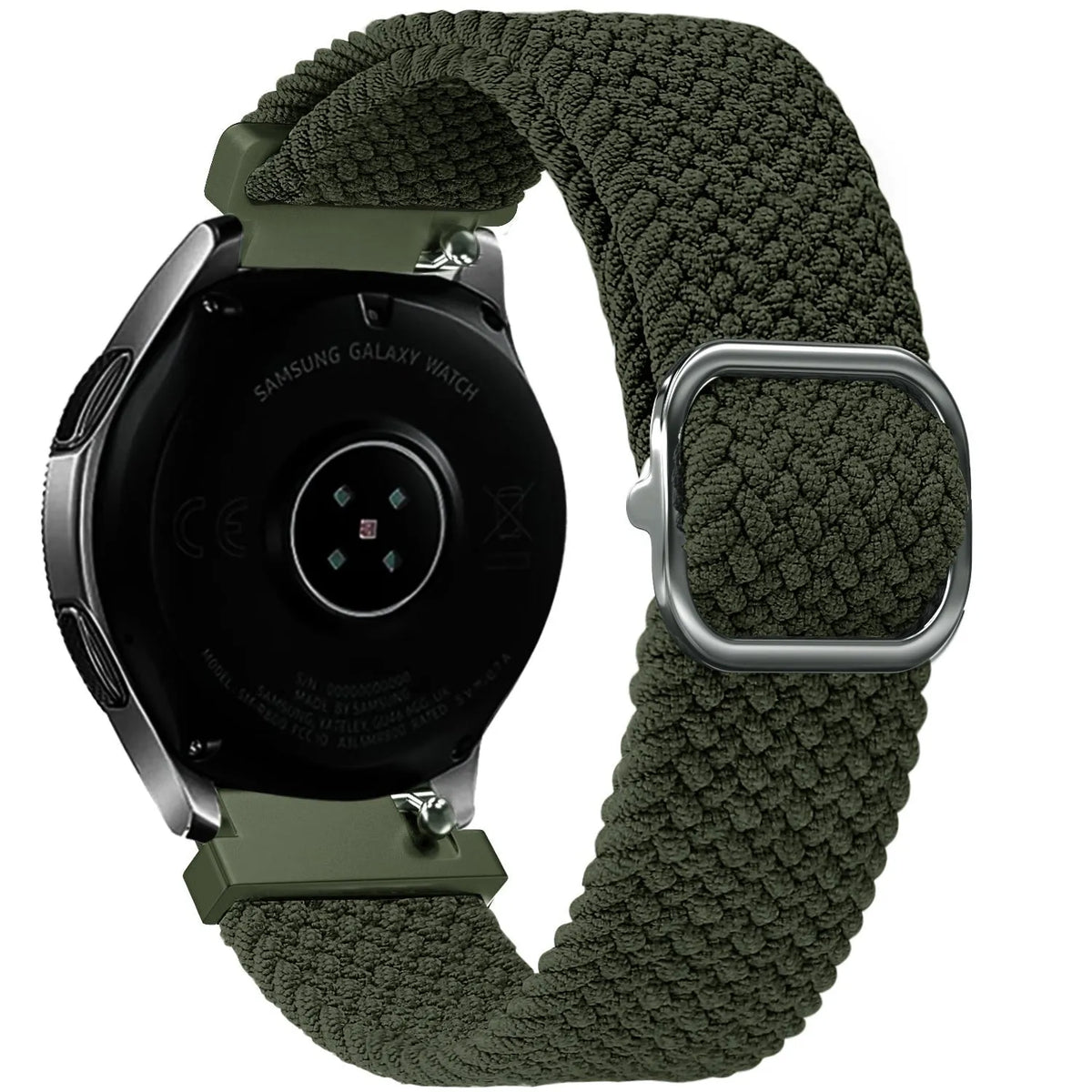 Nylon Adjustable Braided Strap, green, on a watch, 3/4 rear view
