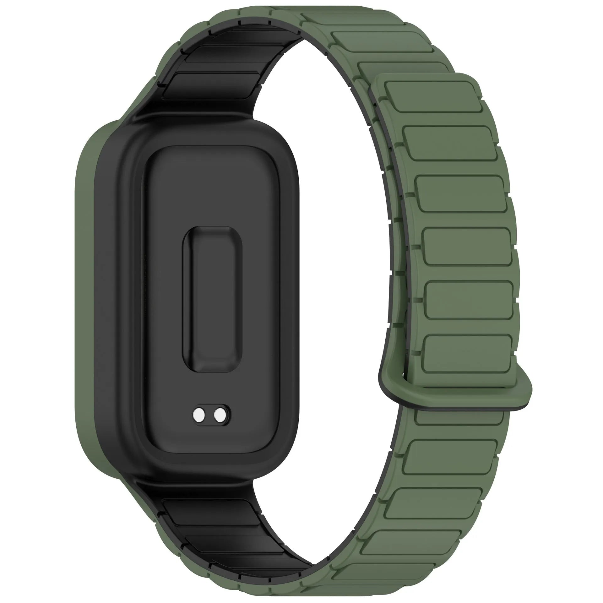 Magnetic Silicone Strap, army green, on a watch, 3/4 rear view