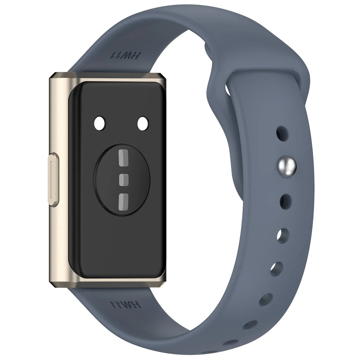 Silicone Sport Strap, grey-blue, on a watch, 3/4 rear view