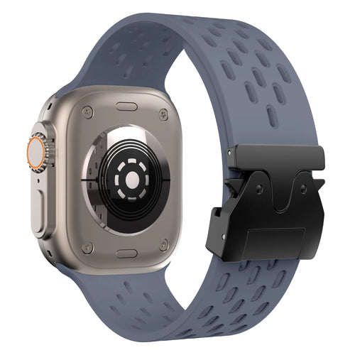 Silicone Strap 'Air' P-Buckle, grey-blue, on a watch, 3/4 rear view