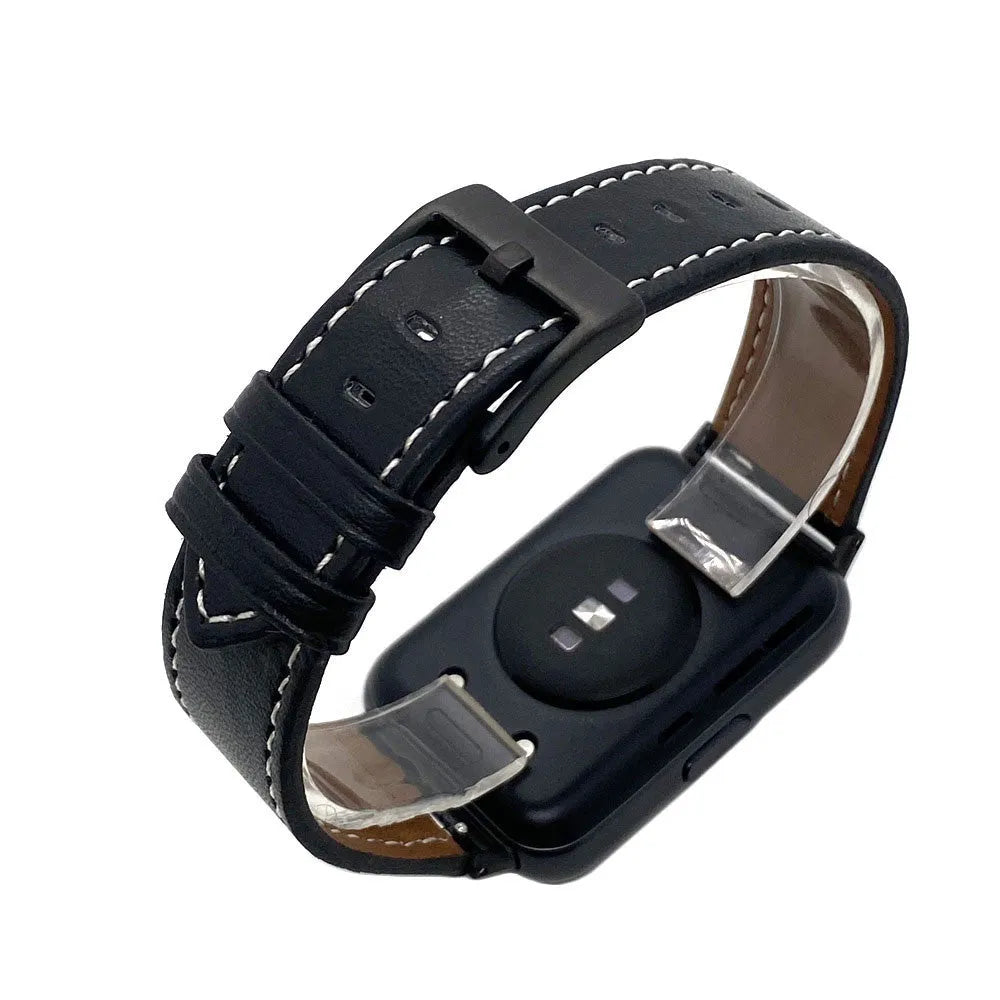 Leather Strap, black, on a watch, 3/4 rear view