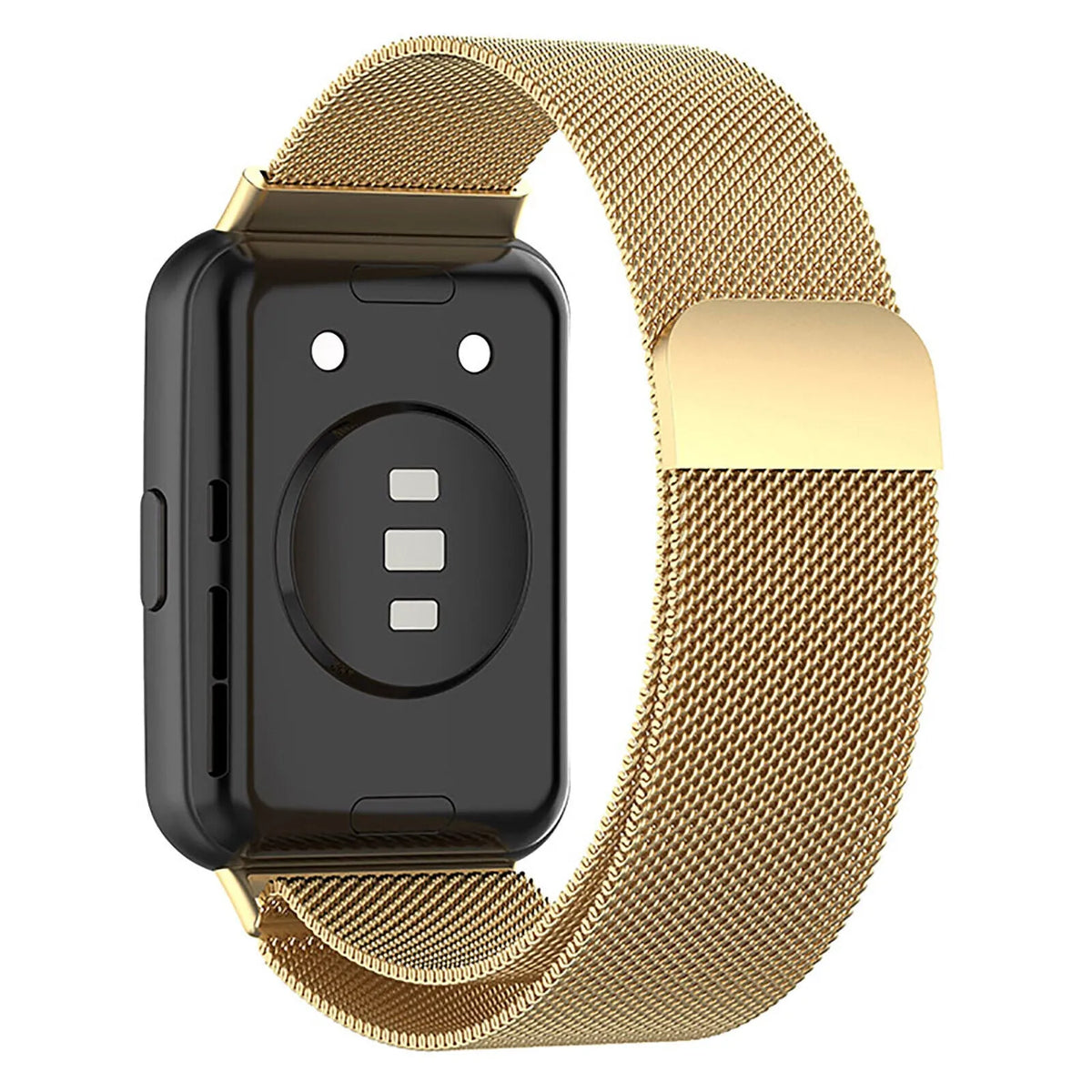 Milanese Strap, gold, on a watch, 3/4 rear view