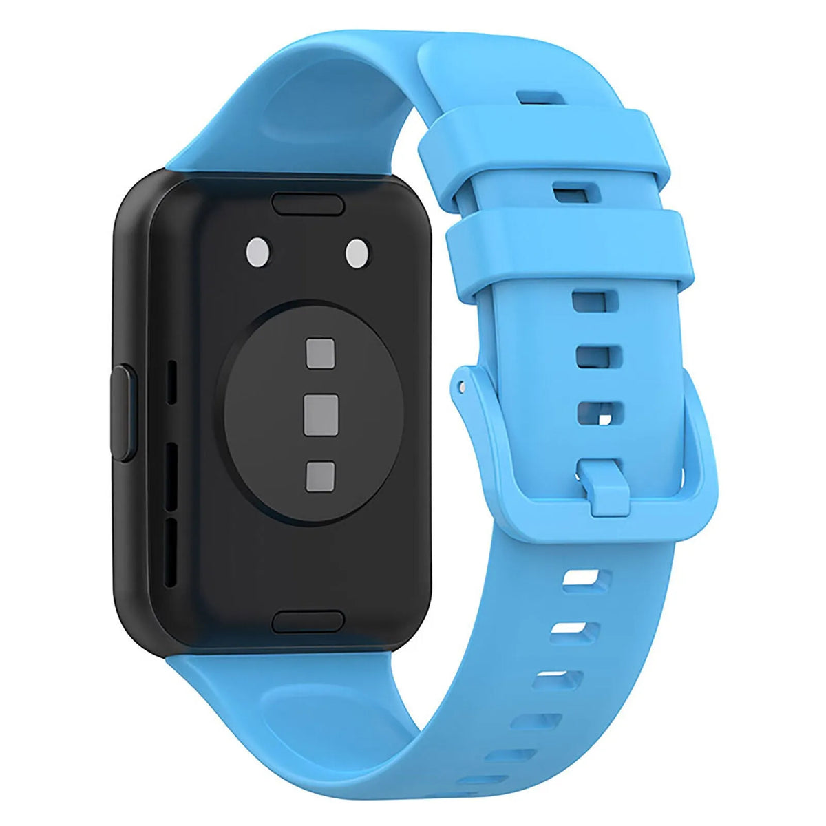 Silicone Strap, light blue, on a watch, 3/4 rear view