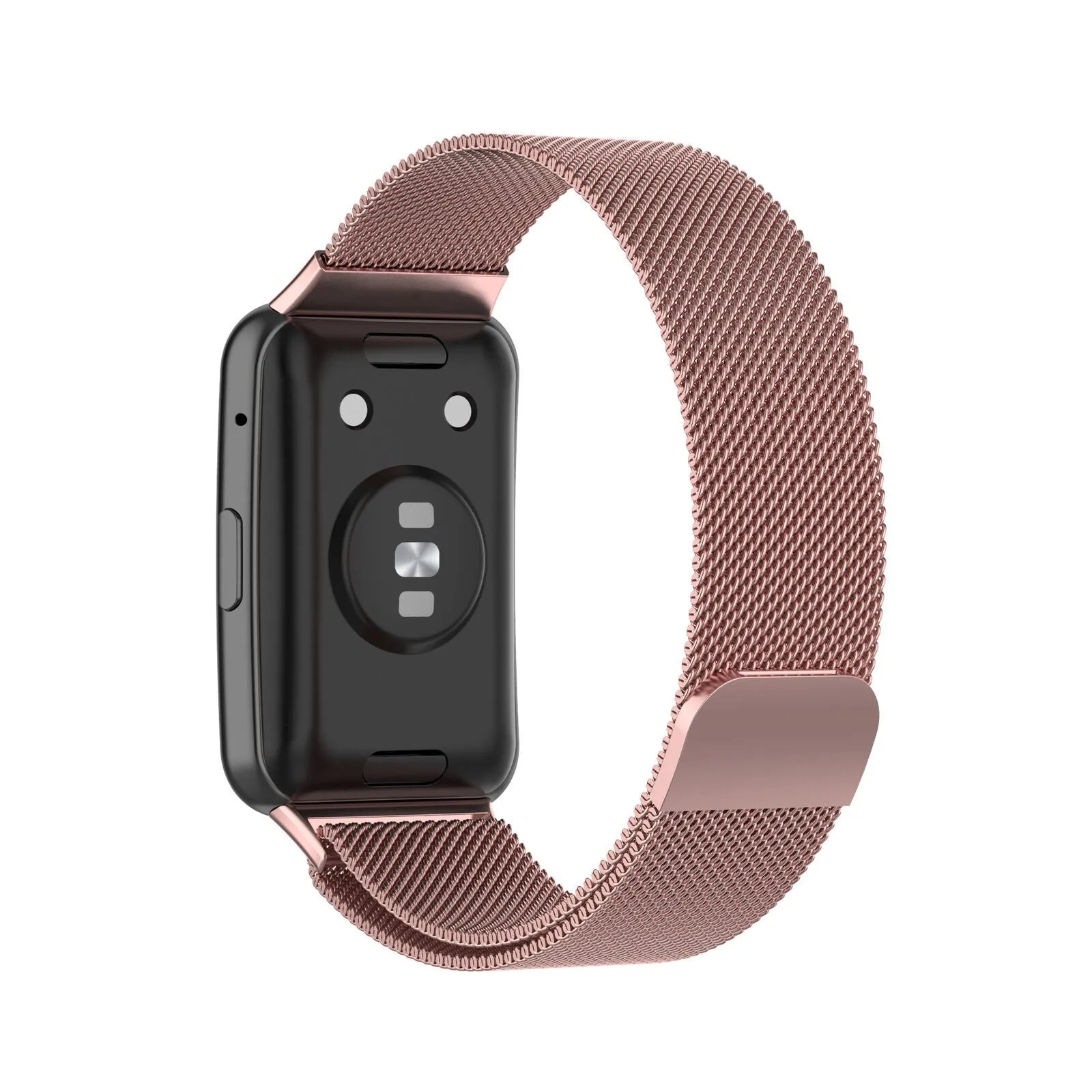 Milanese Strap, pink, on a watch, 3/4 rear view