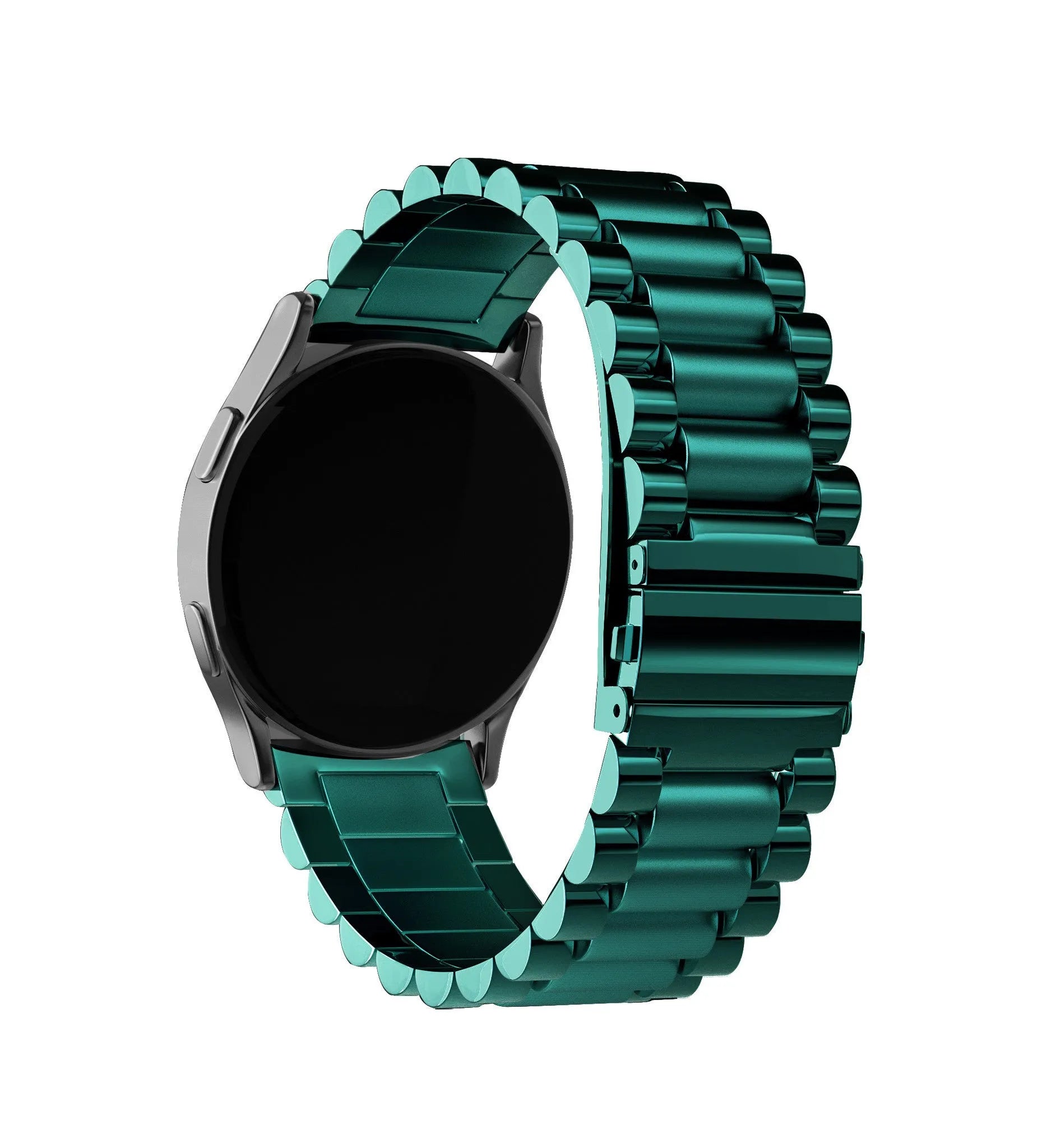 Steel Strap, green, on a watch, 3/4 rear view