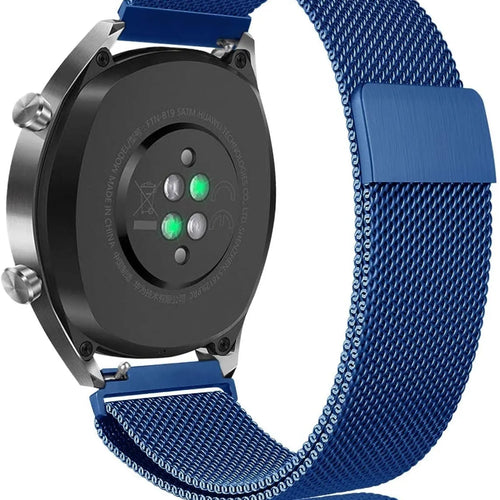 Milanese Strap, blue, on a watch, 3/4 rear view