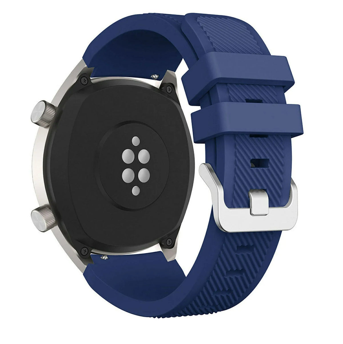 Twill Silicone Strap, dark blue, on a watch, 3/4 rear view