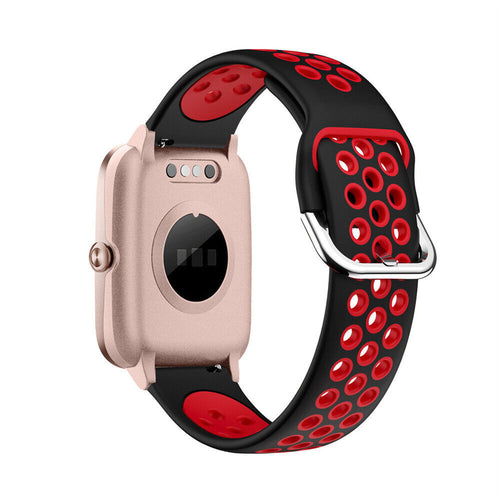 Silicone Sport Strap, black/red, on a watch, 3/4 rear view