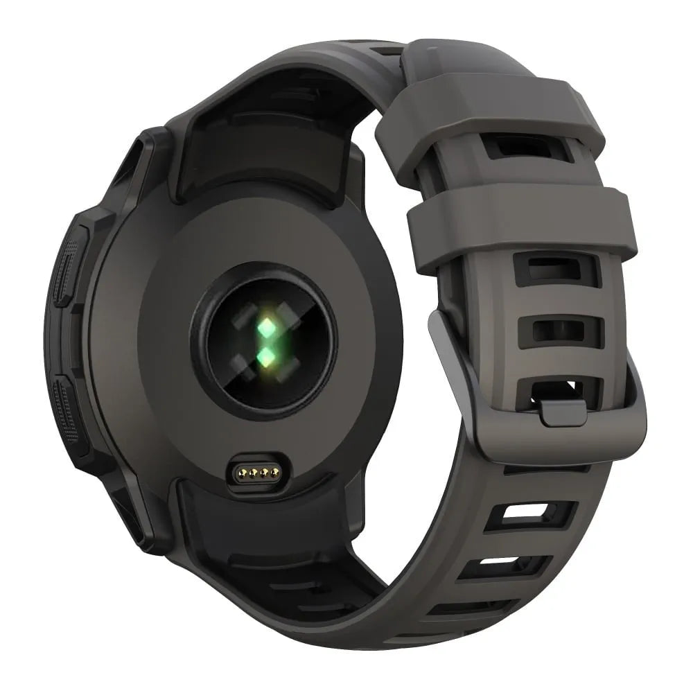 Silicone Sport Strap, dark grey/black, on a watch, 3/4 rear view