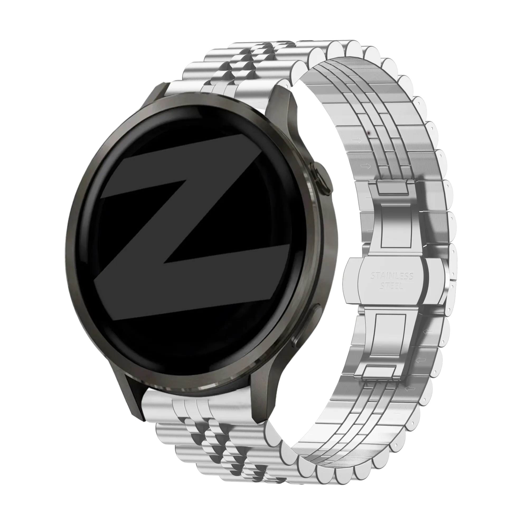 Steel Strap 'Jubilee', silver, on a watch, 3/4 rear view