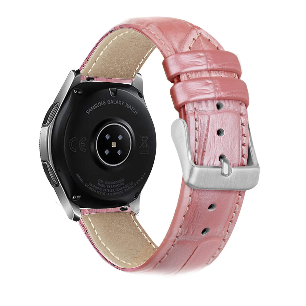 Leather Strap Crocodile Grain, pink, on a watch, 3/4 rear view
