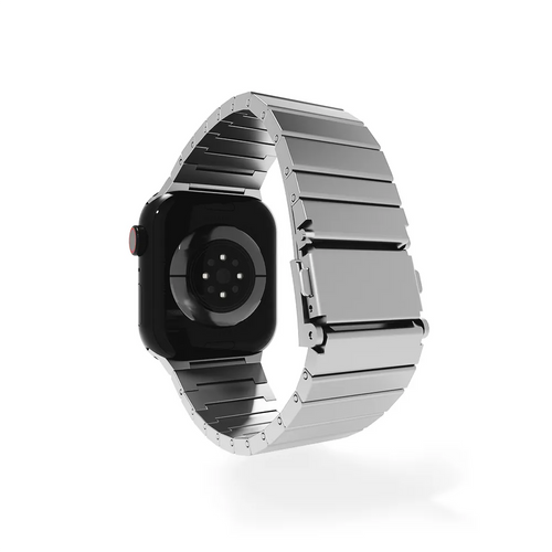 Metal Premium Titanium Strap, silver, on a watch, 3/4 rear view