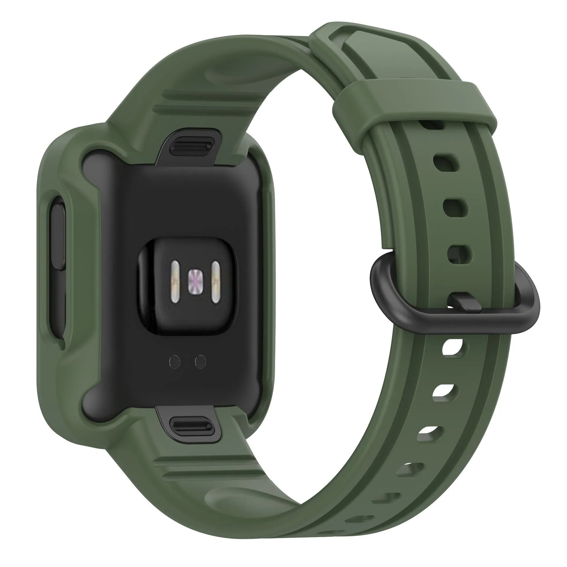 Silicone Strap with Frame, dark green, on a watch, 3/4 rear view