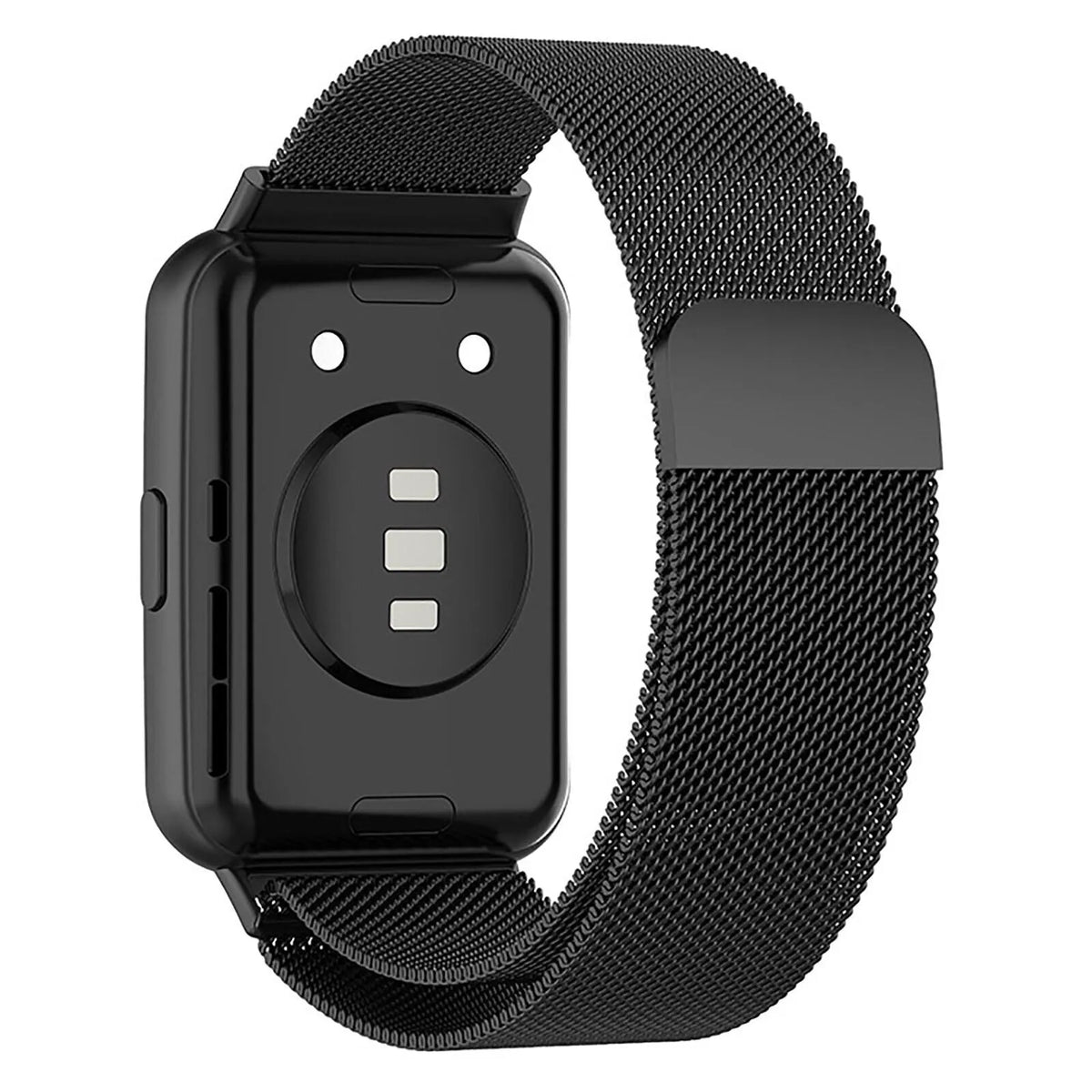 Milanese Strap, black, on a watch, 3/4 rear view