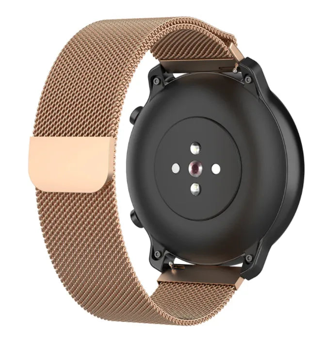 Milanese Strap, rose gold, on a watch, 3/4 rear view