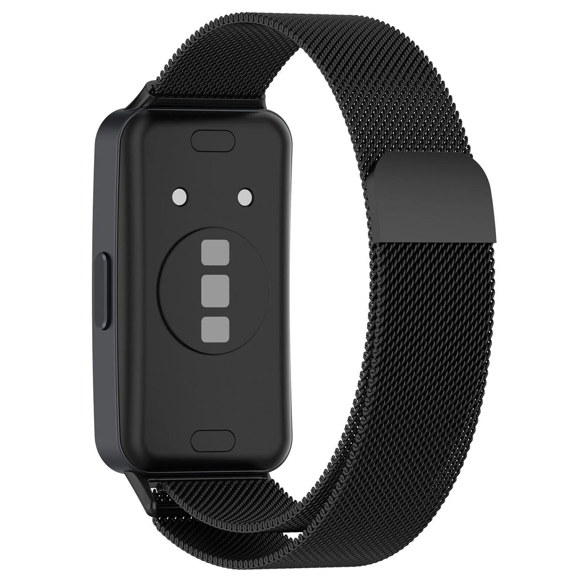 Milanese Strap, black, on a watch, 3/4 rear view