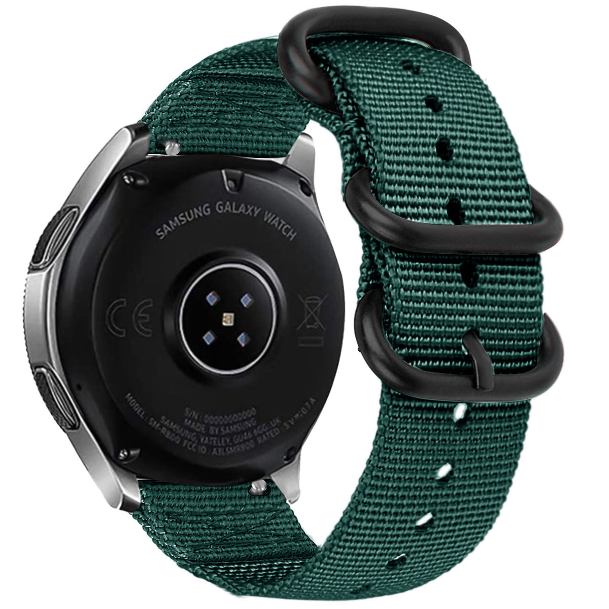 Nylon Buckle Strap, dark green, on a watch, 3/4 rear view