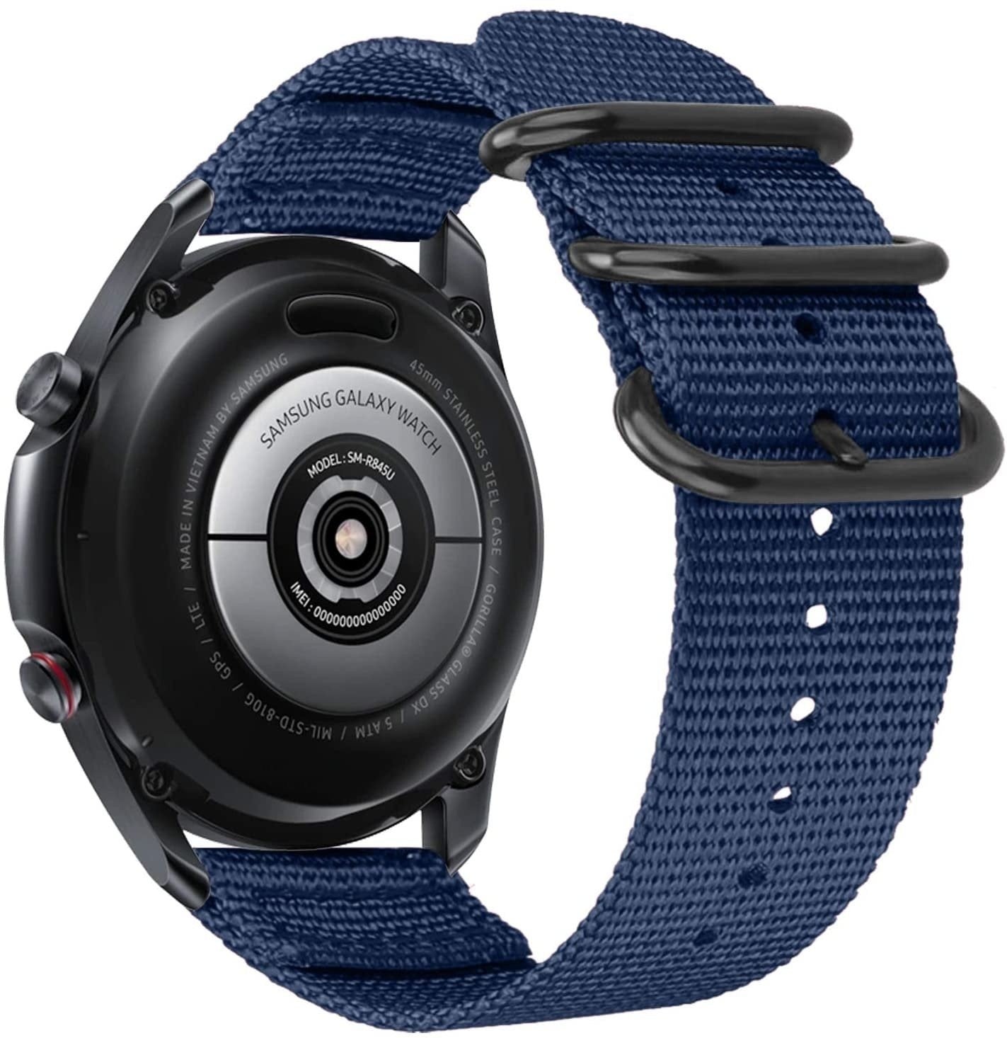 Nylon Buckle Strap, blue, on a watch, 3/4 rear view