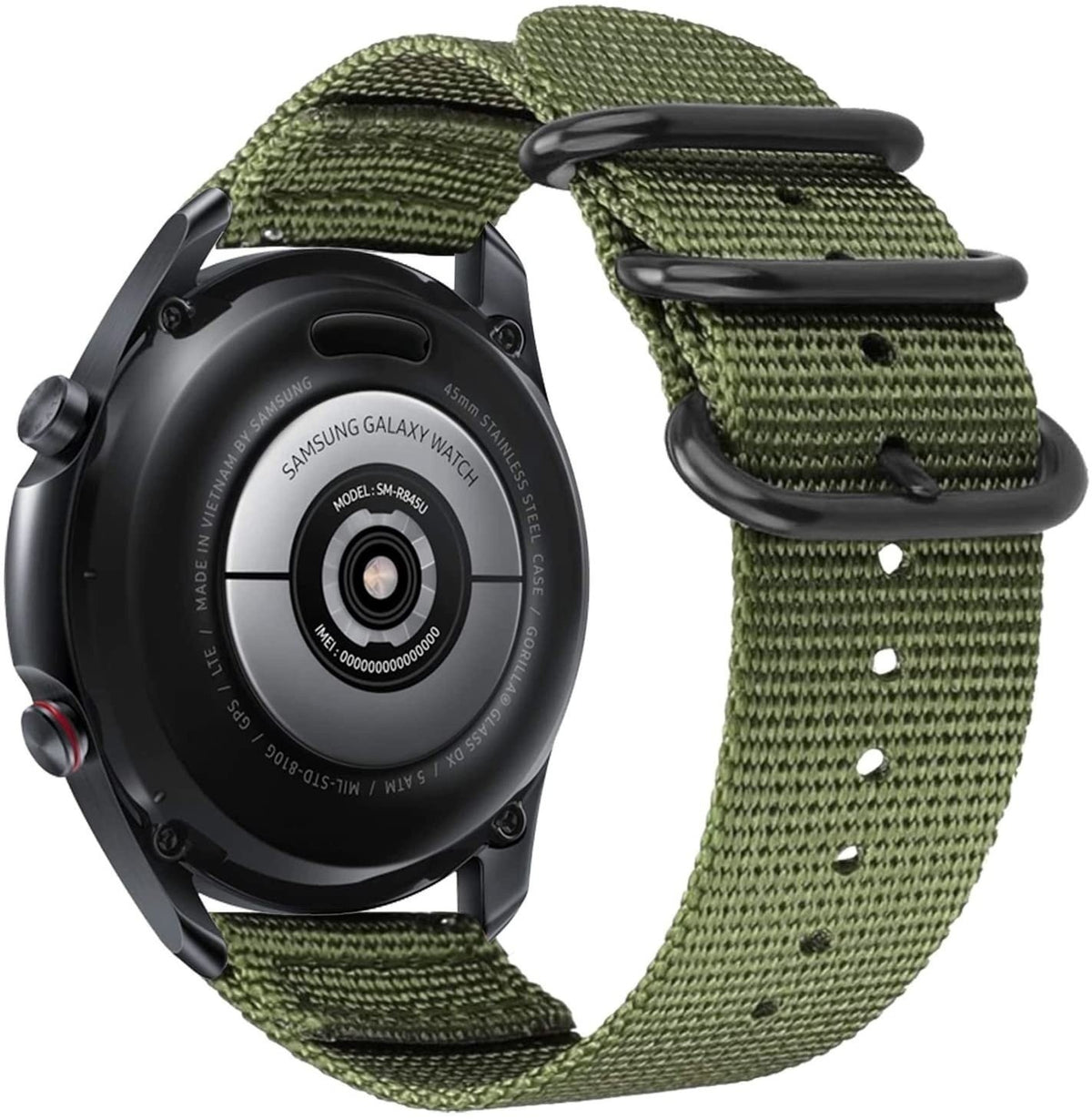 Nylon Buckle Strap, green, on a watch, 3/4 rear view