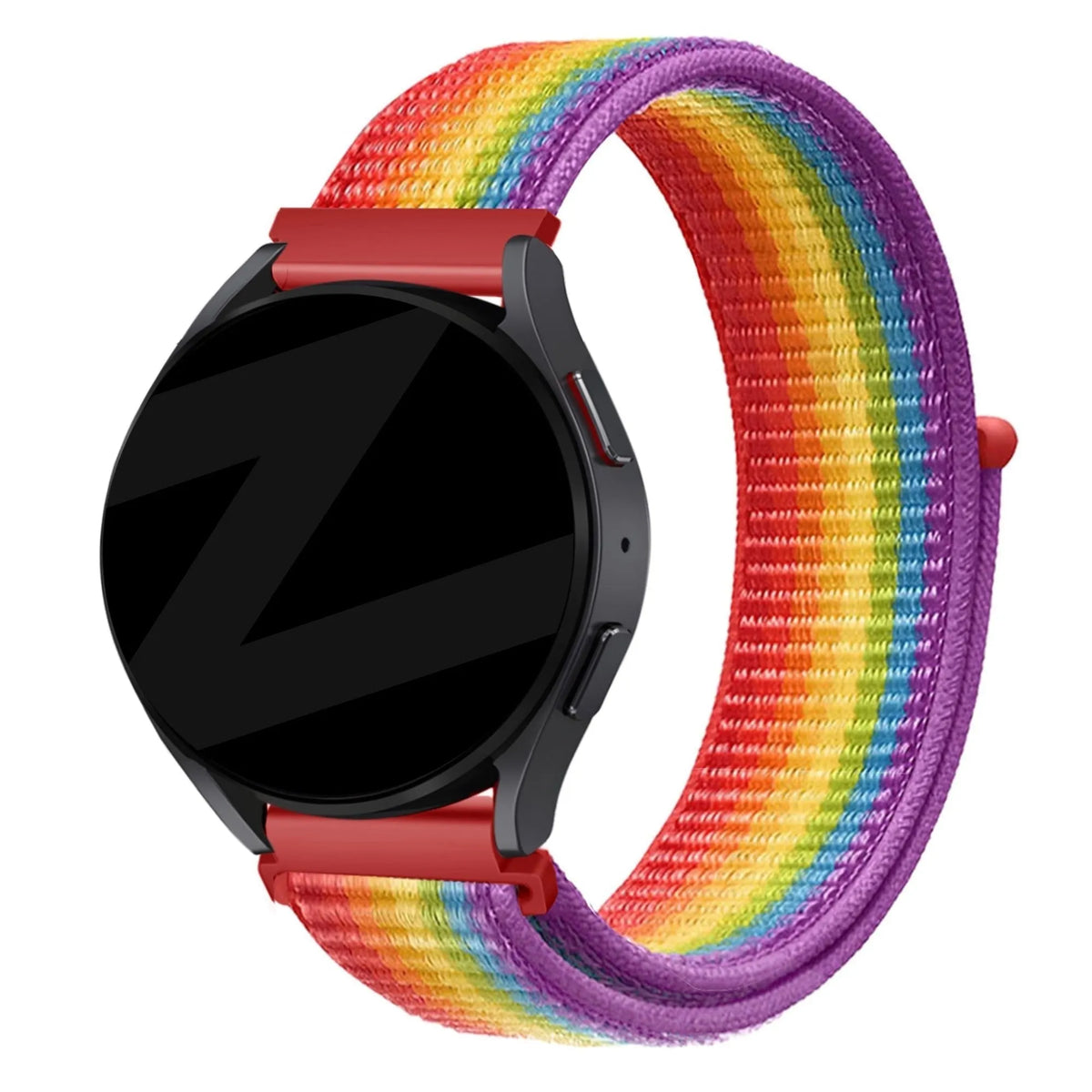 Nylon Loop Strap, rainbow, on a watch, 3/4 rear view