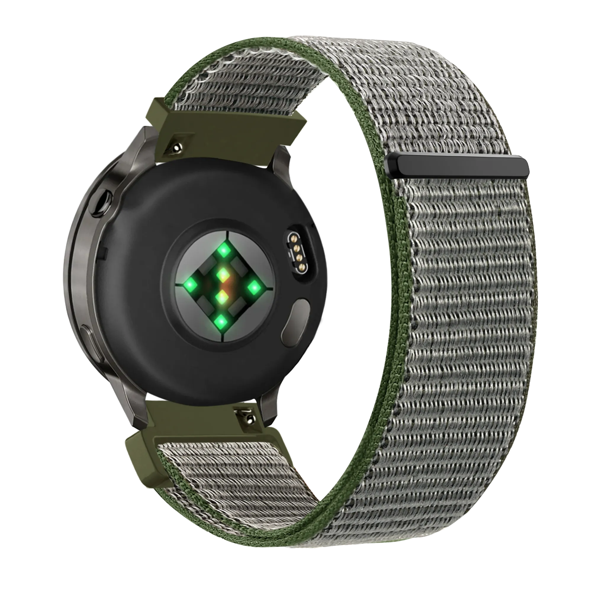 Nylon Loop Strap, olive green, on a watch, 3/4 rear view