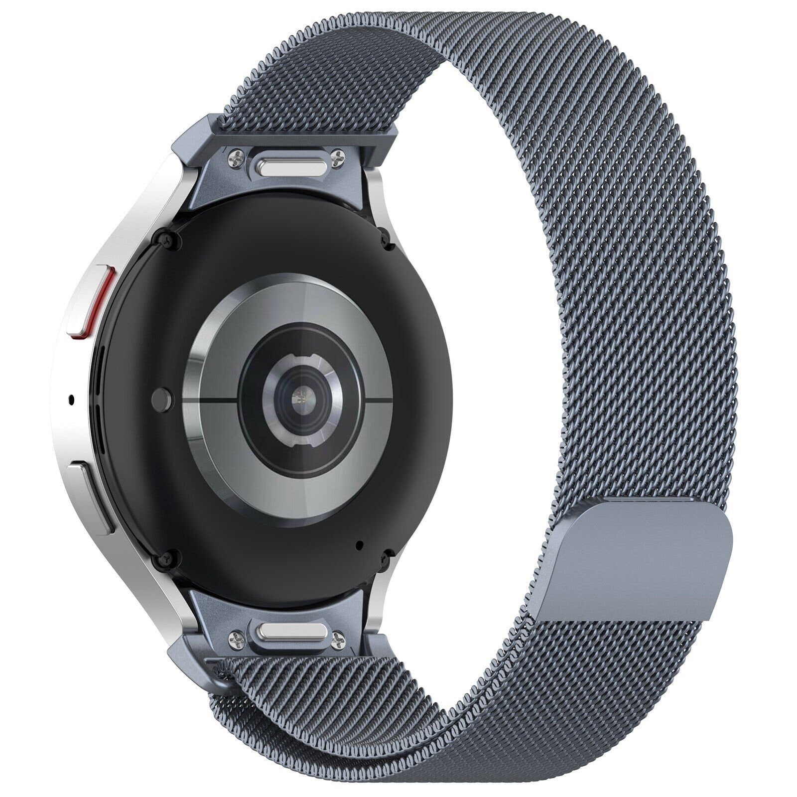 Milanese Strap 'One Push', space grey, on a watch, 3/4 rear view