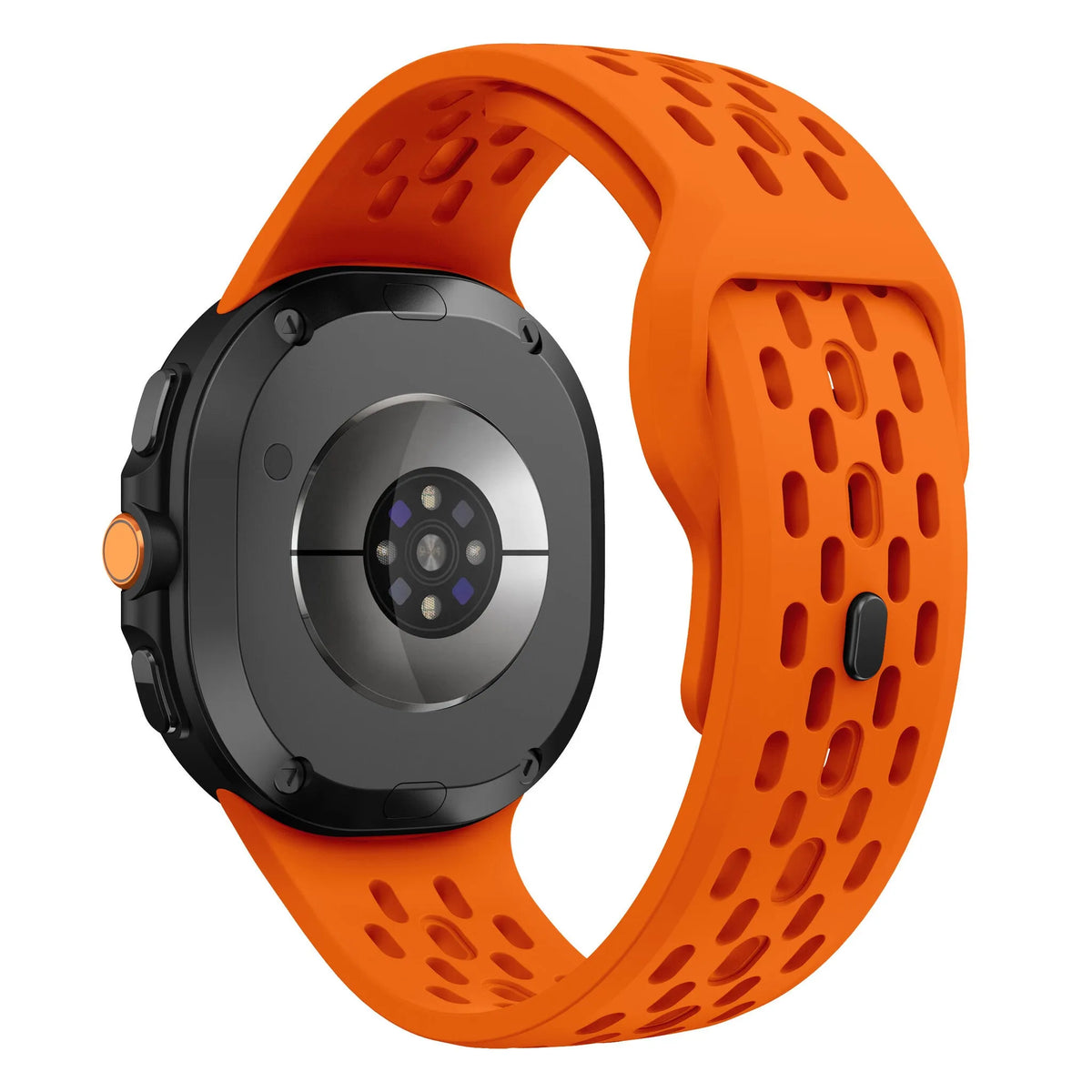Silicone Air Strap, orange, on a watch, 3/4 rear view