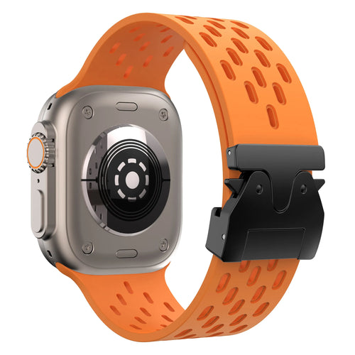 Silicone Strap 'Air' P-Buckle, orange, on a watch, 3/4 rear view