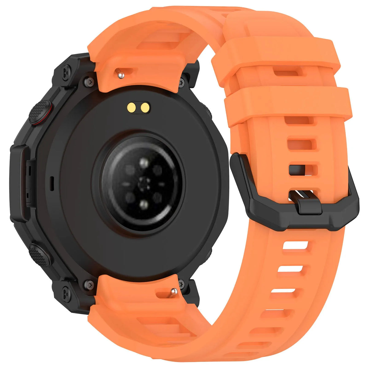 Silicone Strap, orange, on a watch, 3/4 rear view