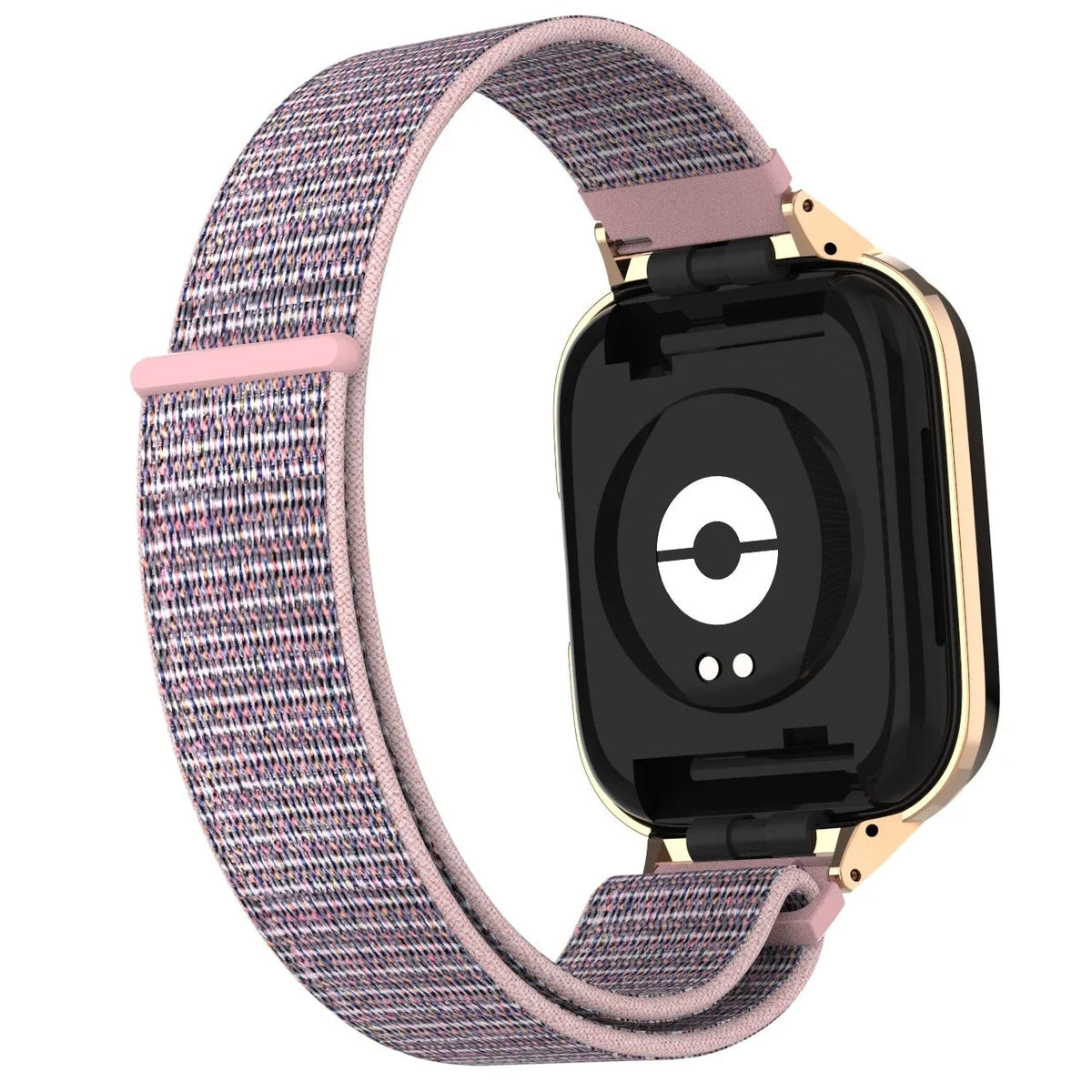 Nylon Strap, pink, on a watch, 3/4 rear view