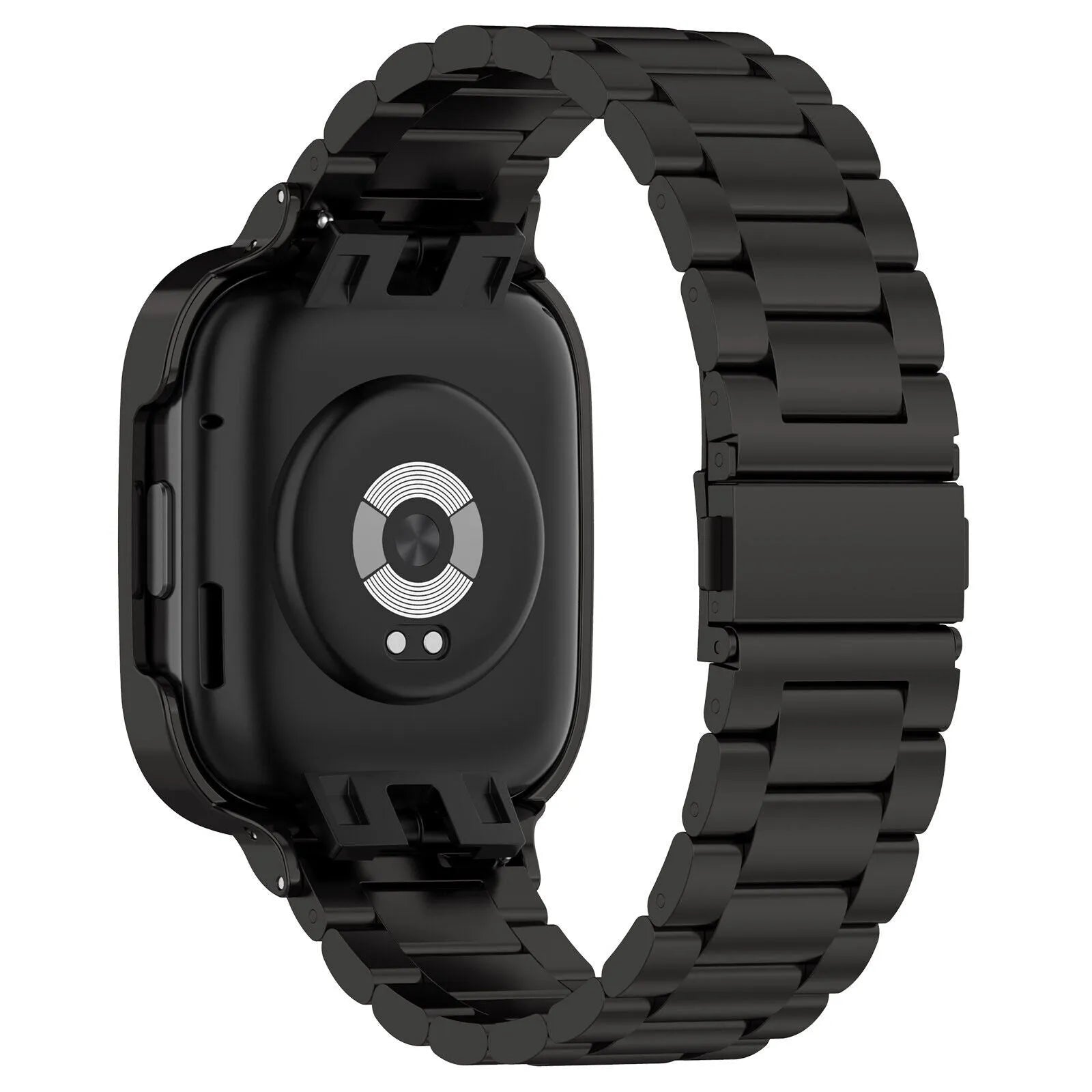 Steel Strap, black, on a watch, 3/4 rear view