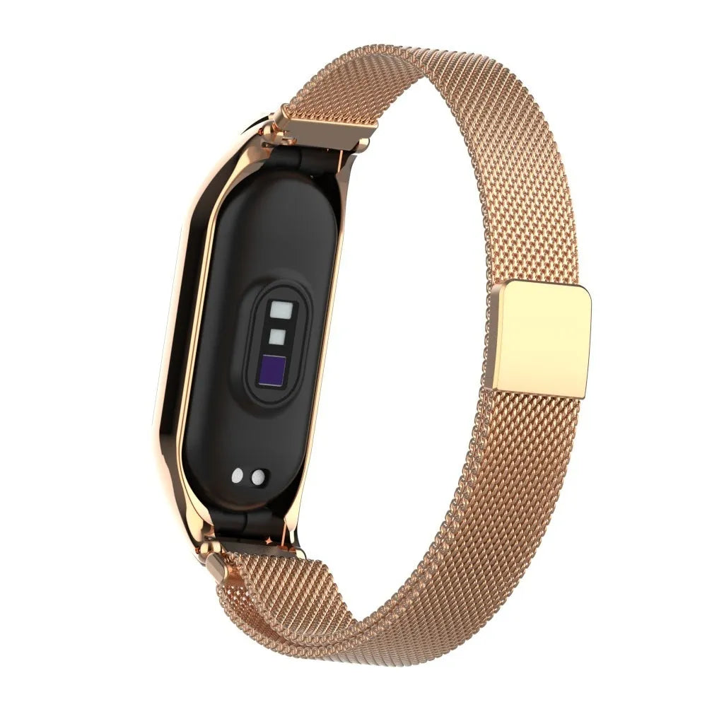 Milanese Strap, rose gold, on a watch, 3/4 rear view