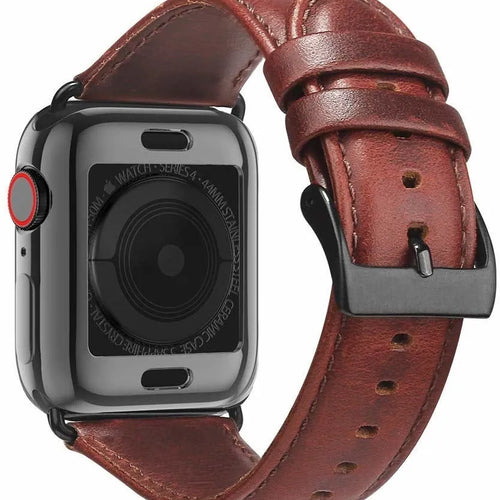 Leather Strap, auburn, on a watch, 3/4 rear view