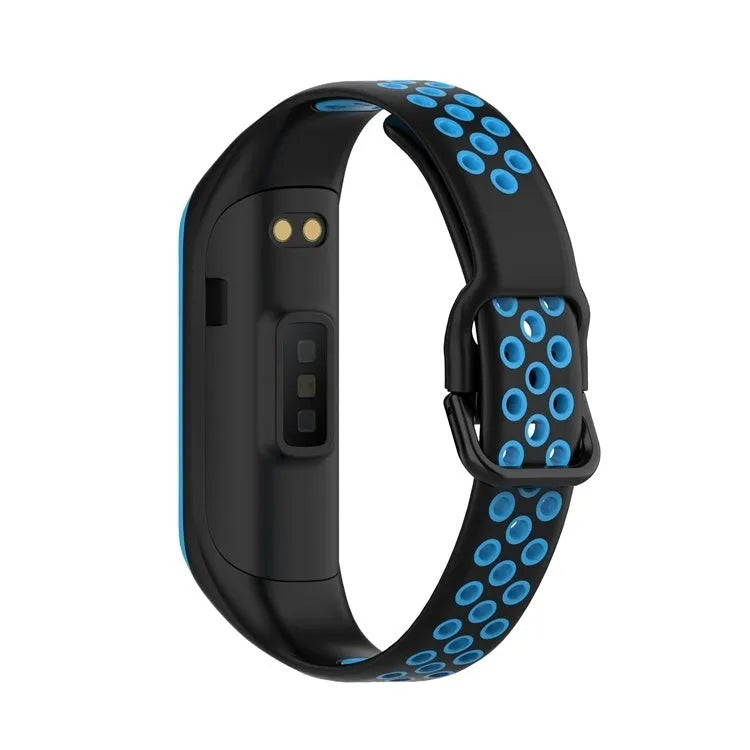 Silicone Sport Strap, black/blue, on a watch, 3/4 rear view