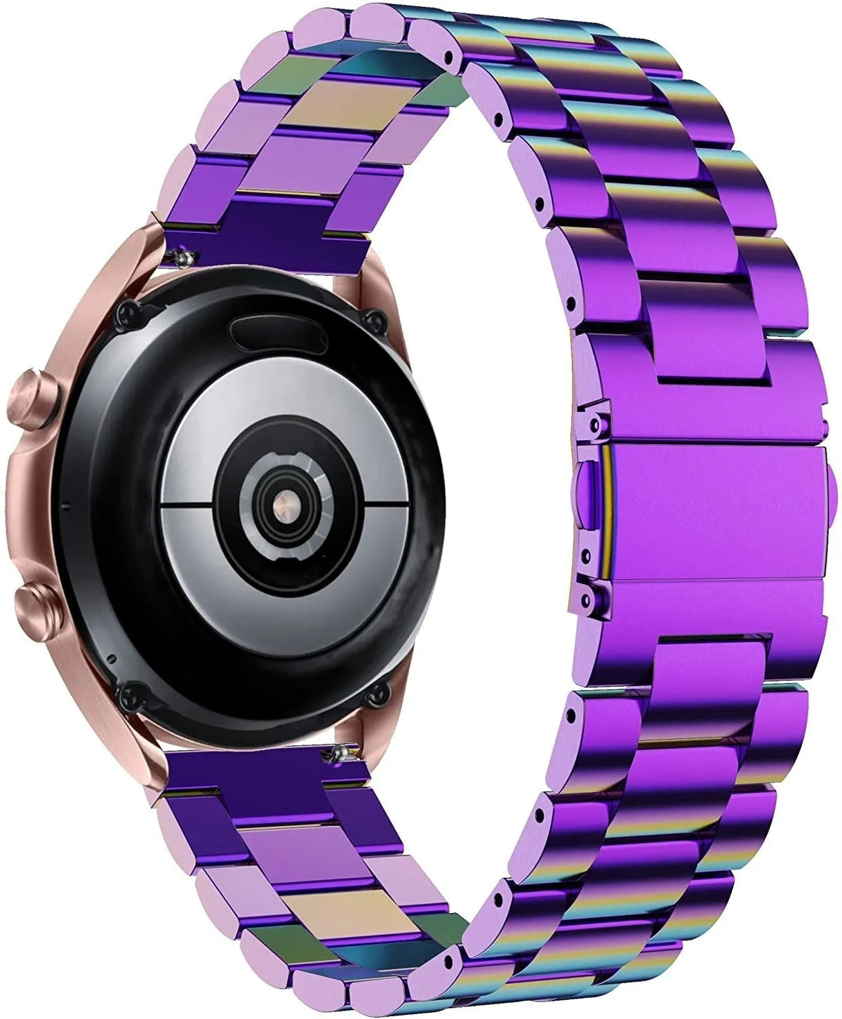 Steel Strap, pearlescent, on a watch, 3/4 rear view