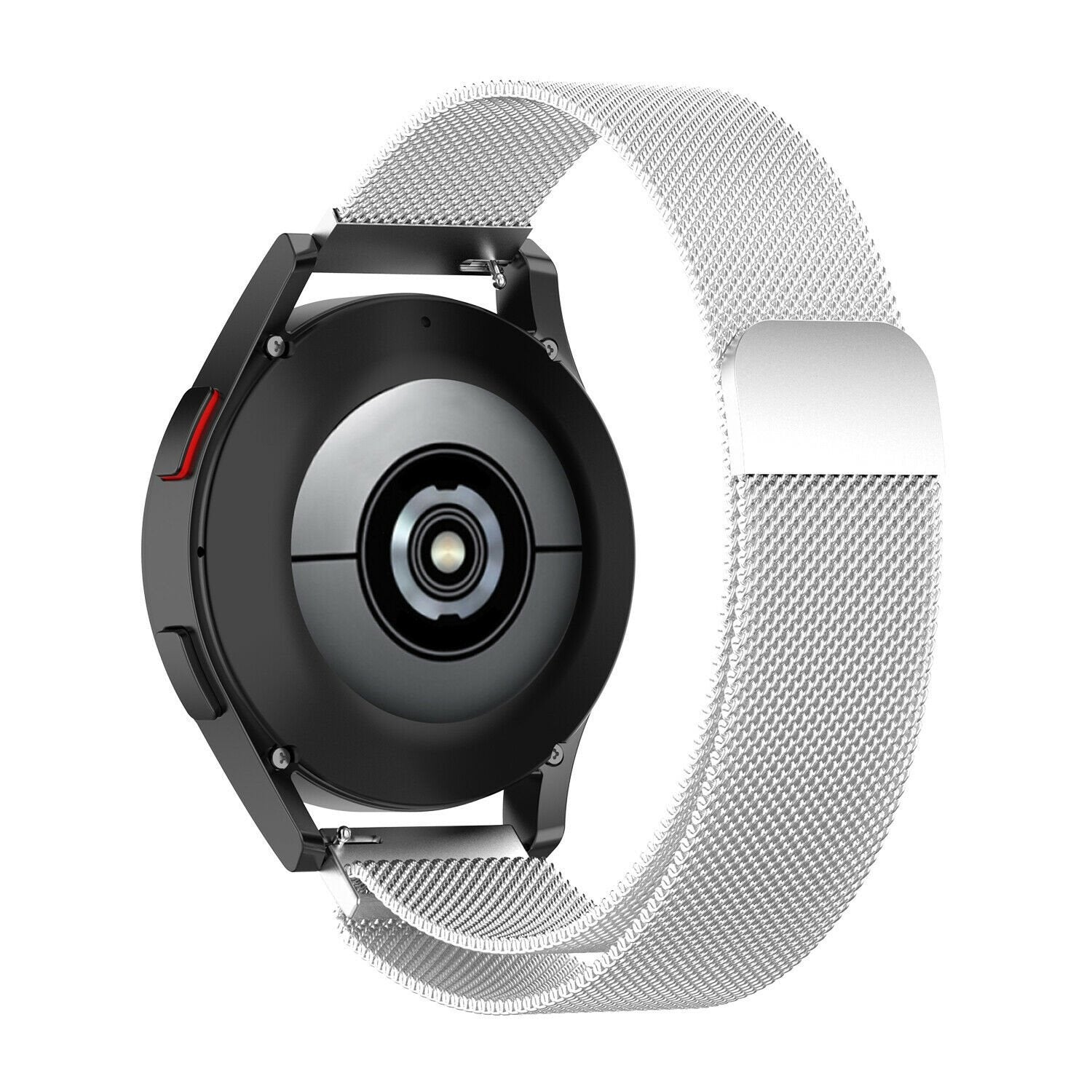 Milanese Strap, silver, on a watch, 3/4 rear view