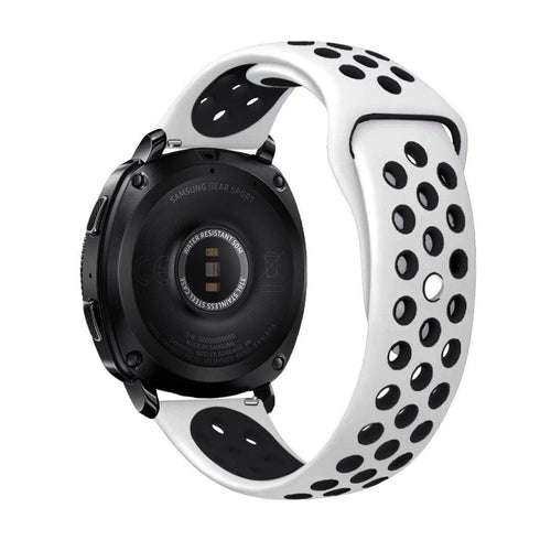 Silicone Sport Strap, white/black, on a watch, 3/4 rear view