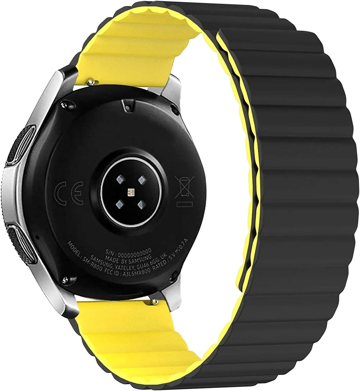 Magnetic Silicone Strap, black/yellow, on a watch, 3/4 rear view
