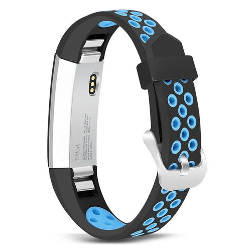 Silicone Sport Strap, black/blue, on a watch, 3/4 rear view