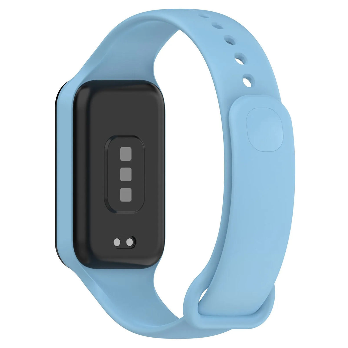 Silicone Strap, light blue, on a watch, 3/4 rear view
