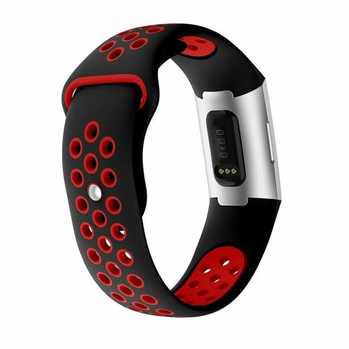 Silicone Sport Strap, black/red, on a watch, 3/4 rear view