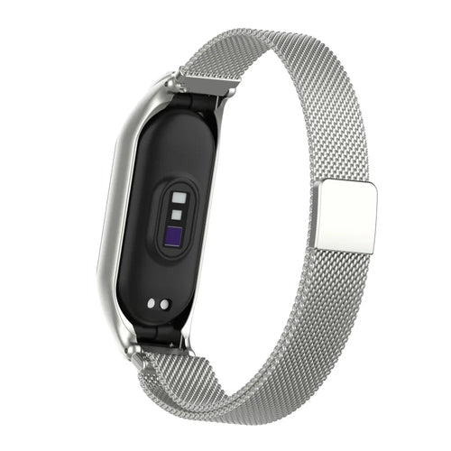 Milanese Strap, silver, on a watch, 3/4 rear view