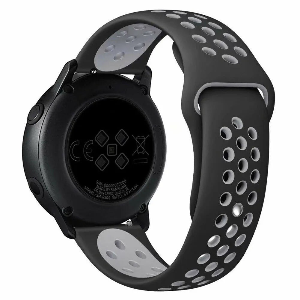 Silicone Sport Strap, black/grey, on a watch, 3/4 rear view